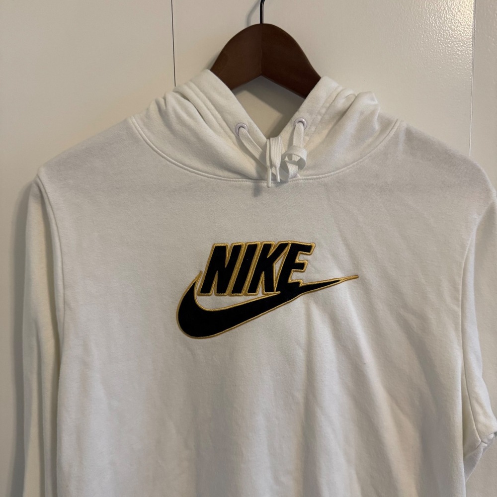 Nike Womens Hoodie White Gold Black Embroidered Logo Pullover Sweatshirt XS